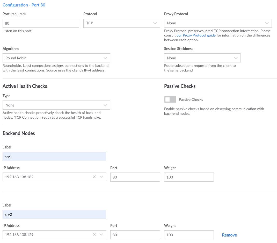 The NodeBalancer configuration screen after making the indicated changes. The NodeBalancer configuration screen after making the indicated changes.