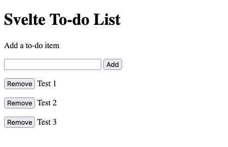 A basic to-do list in the example Svelte application A basic to-do list in the example Svelte application