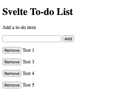 The example Svelte to-do list applications with dynamic modifications to the displayed list The example Svelte to-do list applications with dynamic modifications to the displayed list