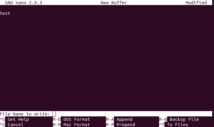 Entering a file name in nano. save the file
