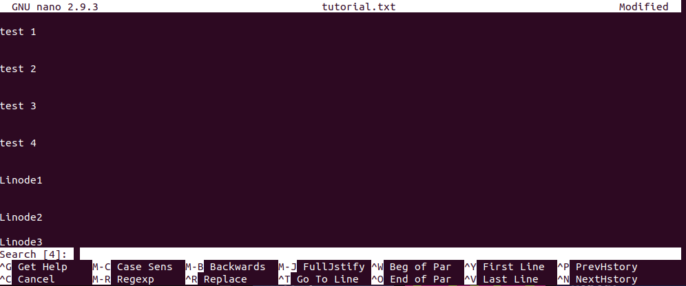 Opening the search functionality of nano. search option in the file