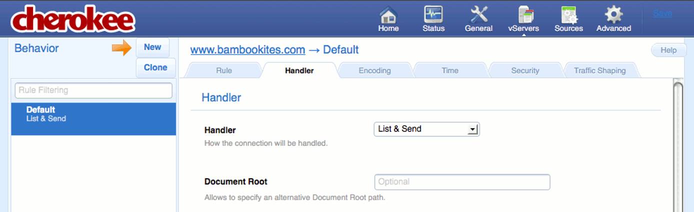 The “Handler” tab on the “vServers” page of the Cherokee admin panel on Fedora 13. The “Handler” tab on the “vServers” page of the Cherokee admin panel on Fedora 13.