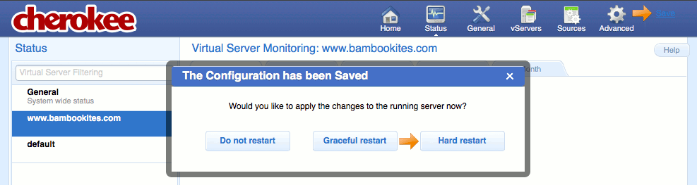 Saving changes and restarting the web server in the Cherokee admin panel on Fedora 13. Saving changes and restarting the web server in the Cherokee admin panel on Fedora 13.